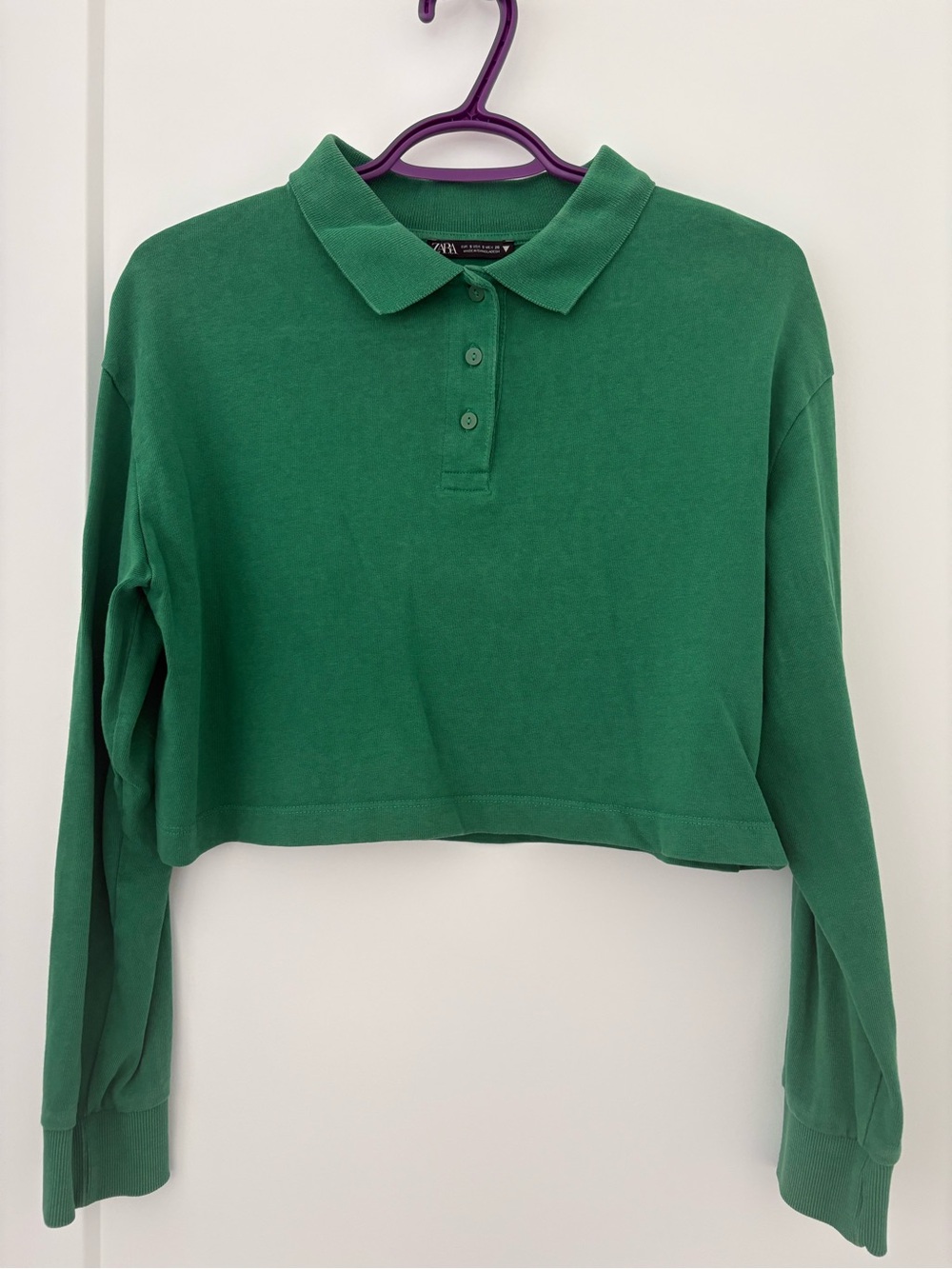 Zara Emerald Green Cropped Long-Sleeve Polo Top